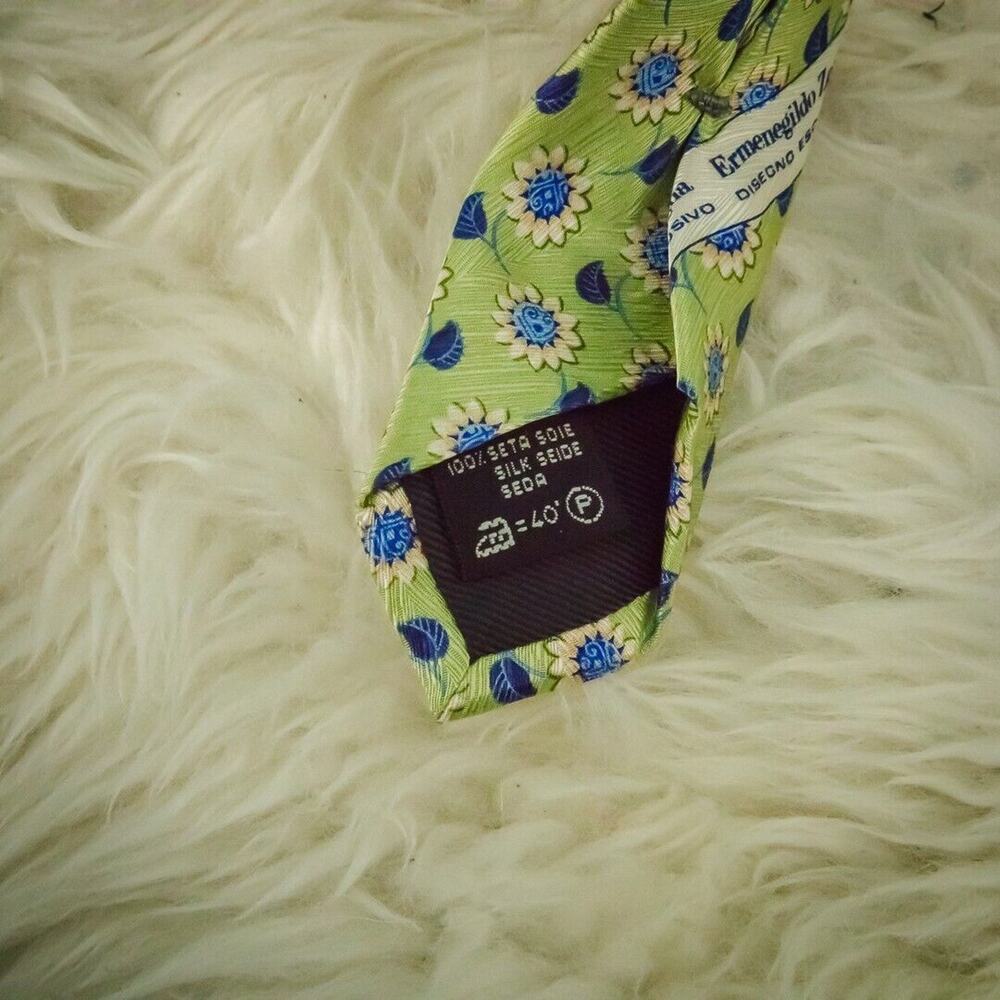 Ermenegildo Zegna Green Blue Floral Print 3.5 inches Wide Tie Necktie - Picture 6 of 7